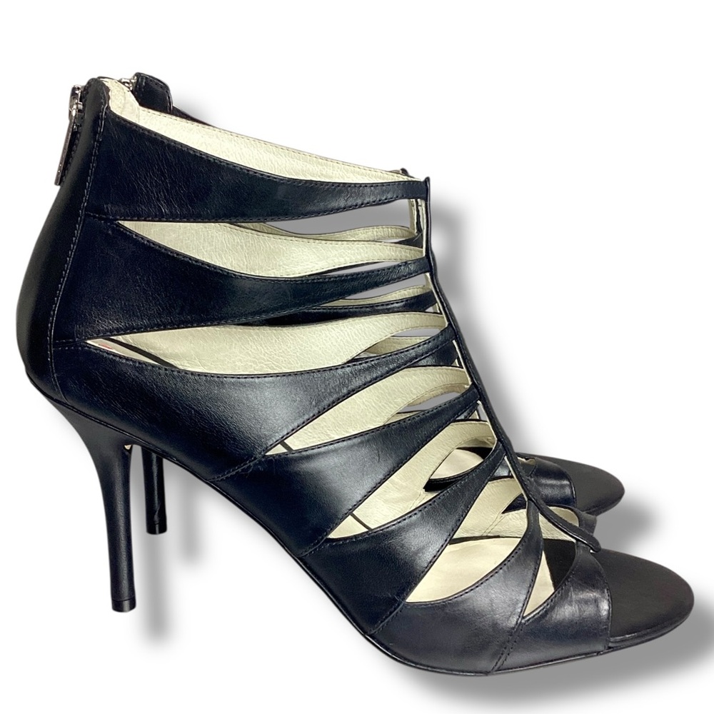 Michael Kors Mavis Open Toe Black Heels Leather Caged Ankle Pumps Evening